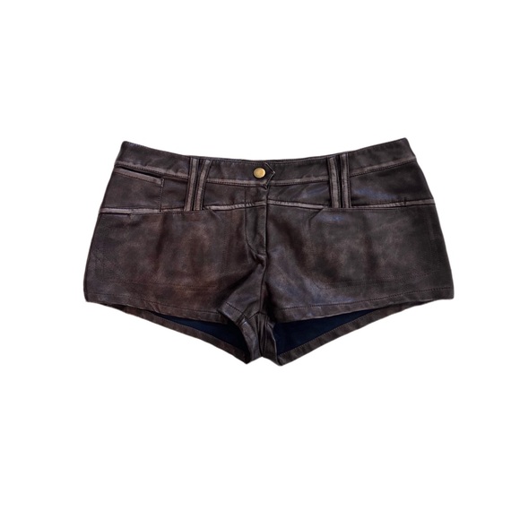 Brown y2k patchwork leather low waist shorts with fur - Picture 4 of 4